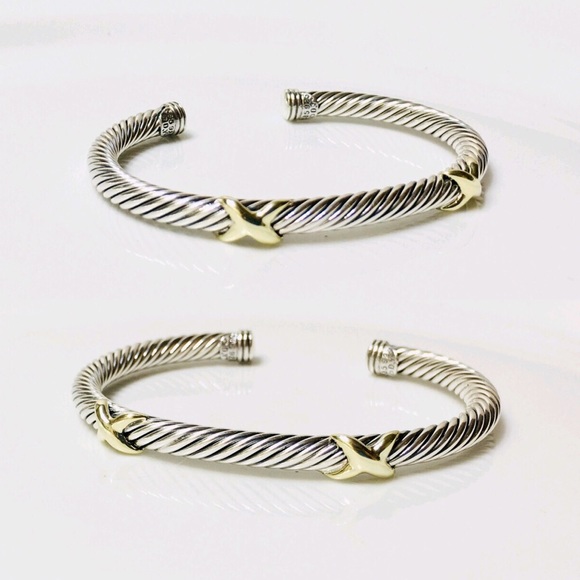 David Yurman Sterling & 14k Double X Cable Cuff - Picture 2 of 7